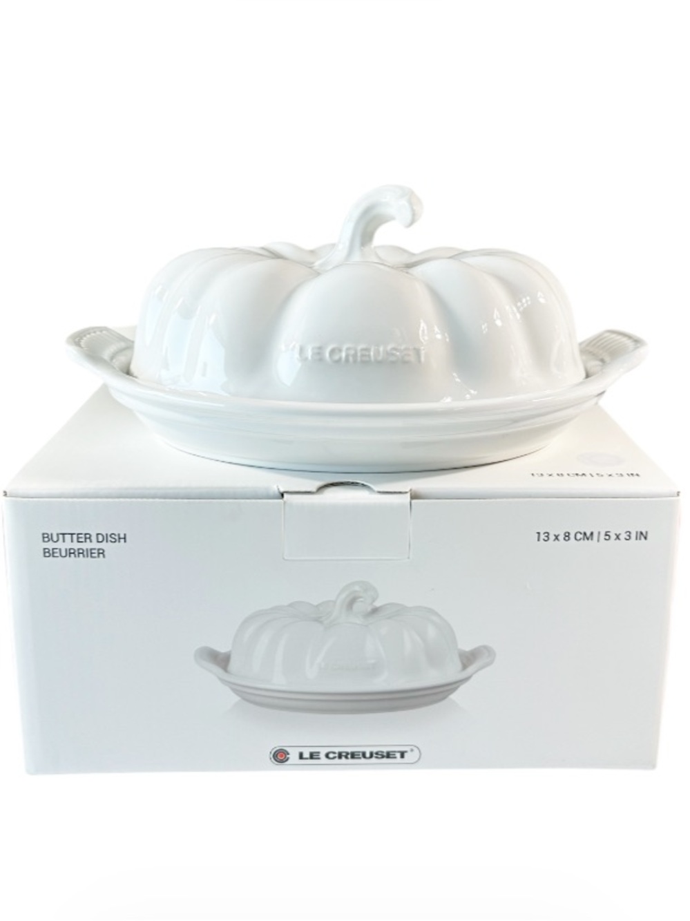Le Creuset CERAMIC PUMPKIN BUTTER DISH with Lid - WHITE 5”x3”